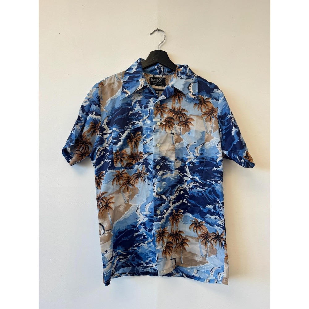 Vintage Horizon Shirt Mens Medium Blue Hawaiian Palm‎ Tree Beach Print Aloha 70s